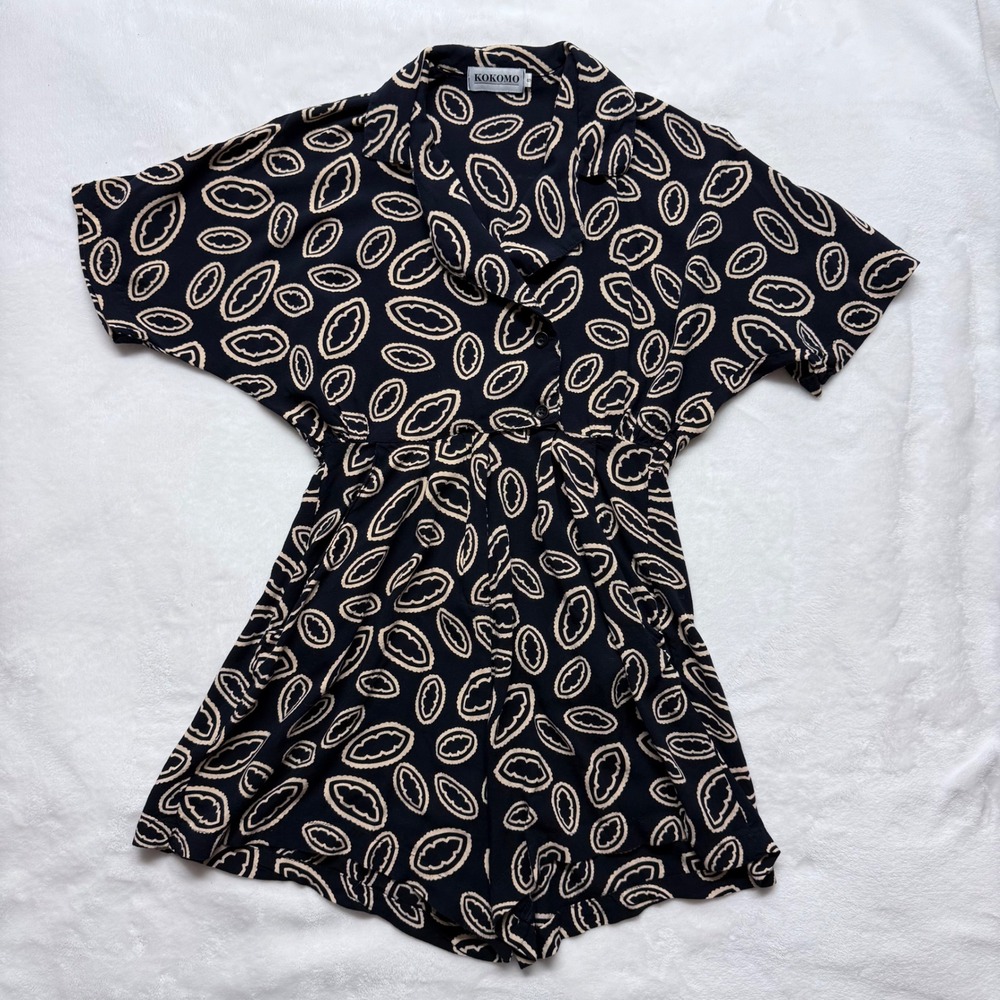 KOKOMO Womens Short Sleeve Jumpsuit Print Button Up Elastic Waist Pockets Size S
